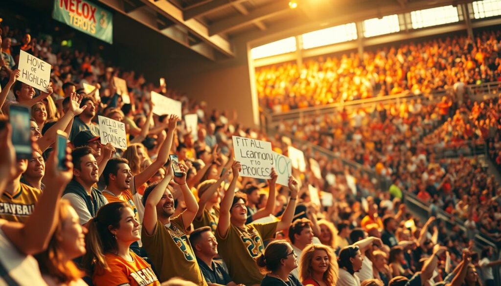 A vibrant scene of fans celebrating their community sports team, captured through the lens of social media highlights. In the foreground, a collage of uplifting images - fans cheering in the stands, high-fiving players, and sharing heartfelt messages on their phones. The middle ground features a dynamic mix of fan-made signs, team jerseys, and group selfies, conveying a sense of camaraderie and shared passion. In the background, a blurred, energetic crowd fills the stadium, their enthusiasm palpable. Warm, golden lighting casts a celebratory glow, while a cinematic, wide-angle perspective emphasizes the scale and excitement of the moment. This image embodies the spirit of everyday heroes - ordinary people coming together to uplift their community through their unwavering support.
