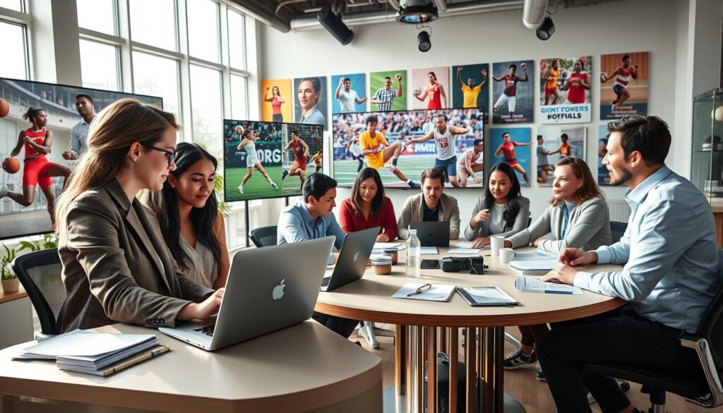 A dynamic sports newsroom scene filled with diversity and inclusivity, showcasing a team of reporters of various ethnicities and genders collaborating on coverage guidelines. In the foreground, a female journalist wearing smart casual attire is analyzing data on a laptop, while a male reporter sits next to her, gesturing towards a large screen displaying diverse athletes in action. In the middle ground, a diverse group of editors discusses strategies over a round table, surrounded by colorful posters representing various sports, promoting inclusiveness. The background features a bright and modern office with large windows, allowing sunlight to stream in, creating a warm and inviting atmosphere. Use a wide-angle lens to capture the entire scene, emphasizing teamwork and community engagement in sports coverage. The mood is collaborative and inspiring, reflecting a commitment to equal representation in sports journalism.