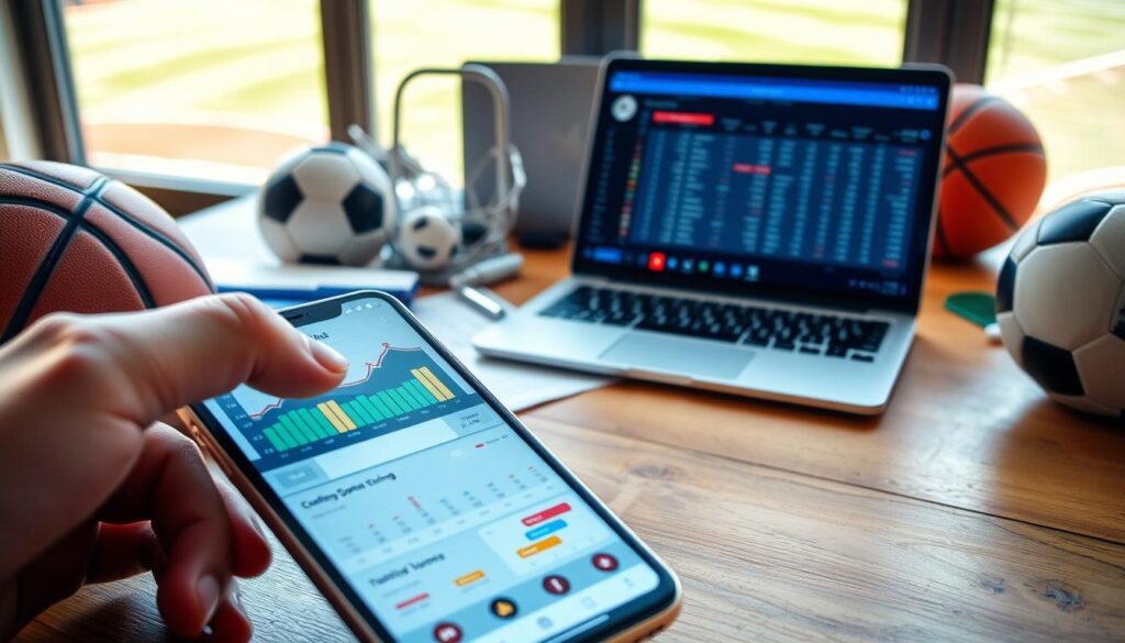A modern smartphone displaying a local sports app interface on a wooden table, with vivid graphs showcasing score tracking and statistics for various community teams. In the foreground, a hand is interacting with the app, swiping through live updates and standings. The middle ground features a laptop with statistical spreadsheets, surrounded by sports equipment like a basketball and a soccer ball, suggesting an active sports environment. The background includes a sunny window with a view of a community sports field, enhancing the lively atmosphere. The lighting is bright and natural, creating a warm and inviting feel. The composition is shot from a slightly elevated angle, providing depth and focus on the technological methods of score collection.