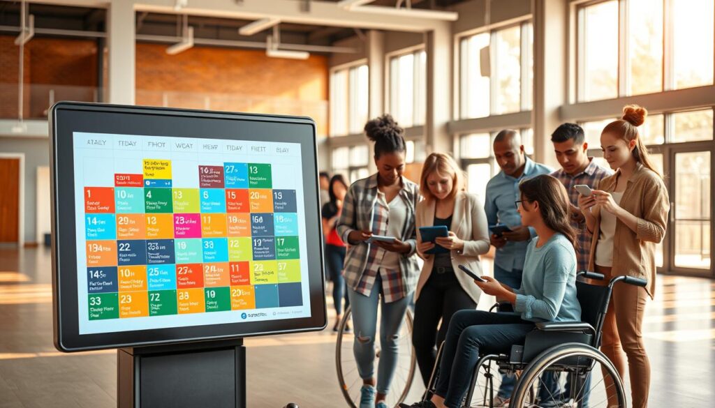 A bright and inviting sports calendar interface designed for accessibility. In the foreground, display a colorful digital calendar filled with sports events, featuring bold icons for different sports such as soccer, basketball, and swimming, with accessible color contrasts and large fonts for readability. In the middle ground, show a group of diverse individuals, including a person in a wheelchair, someone of different age groups, and varying ethnic backgrounds, all engaging with the calendar on various devices like tablets and smartphones, wearing casual yet professional attire. The background should depict a modern, open community space, such as a recreational center, with warm, natural lighting filtering in through large windows, creating an inclusive and friendly atmosphere. Aim for a sense of collaboration and community spirit as users navigate the user-friendly interface. A bright and inviting sports calendar interface designed for accessibility. In the foreground, display a colorful digital calendar filled with sports events, featuring bold icons for different sports such as soccer, basketball, and swimming, with accessible color contrasts and large fonts for readability. In the middle ground, show a group of diverse individuals, including a person in a wheelchair, someone of different age groups, and varying ethnic backgrounds, all engaging with the calendar on various devices like tablets and smartphones, wearing casual yet professional attire. The background should depict a modern, open community space, such as a recreational center, with warm, natural lighting filtering in through large windows, creating an inclusive and friendly atmosphere. Aim for a sense of collaboration and community spirit as users navigate the user-friendly interface.