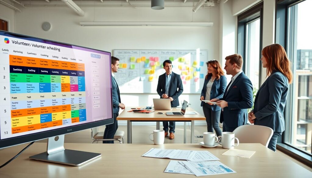 A bright and organized office environment showcasing a volunteer scheduling tool on a computer screen prominently displayed in the foreground. The screen features vibrant graphics of calendars, schedules, and task lists. In the middle, a diverse group of three professionals in smart business attire collaborate around a table covered with printed schedules, laptops, and coffee cups, discussing shifts and responsibilities. In the background, a large whiteboard with colorful sticky notes and plans highlights a sense of active teamwork. The scene is well-lit with natural light streaming through large windows, creating a warm and inviting atmosphere that emphasizes productivity and community engagement. The angle is slightly elevated, providing a comprehensive view of the collaborative workspace. A bright and organized office environment showcasing a volunteer scheduling tool on a computer screen prominently displayed in the foreground. The screen features vibrant graphics of calendars, schedules, and task lists. In the middle, a diverse group of three professionals in smart business attire collaborate around a table covered with printed schedules, laptops, and coffee cups, discussing shifts and responsibilities. In the background, a large whiteboard with colorful sticky notes and plans highlights a sense of active teamwork. The scene is well-lit with natural light streaming through large windows, creating a warm and inviting atmosphere that emphasizes productivity and community engagement. The angle is slightly elevated, providing a comprehensive view of the collaborative workspace.