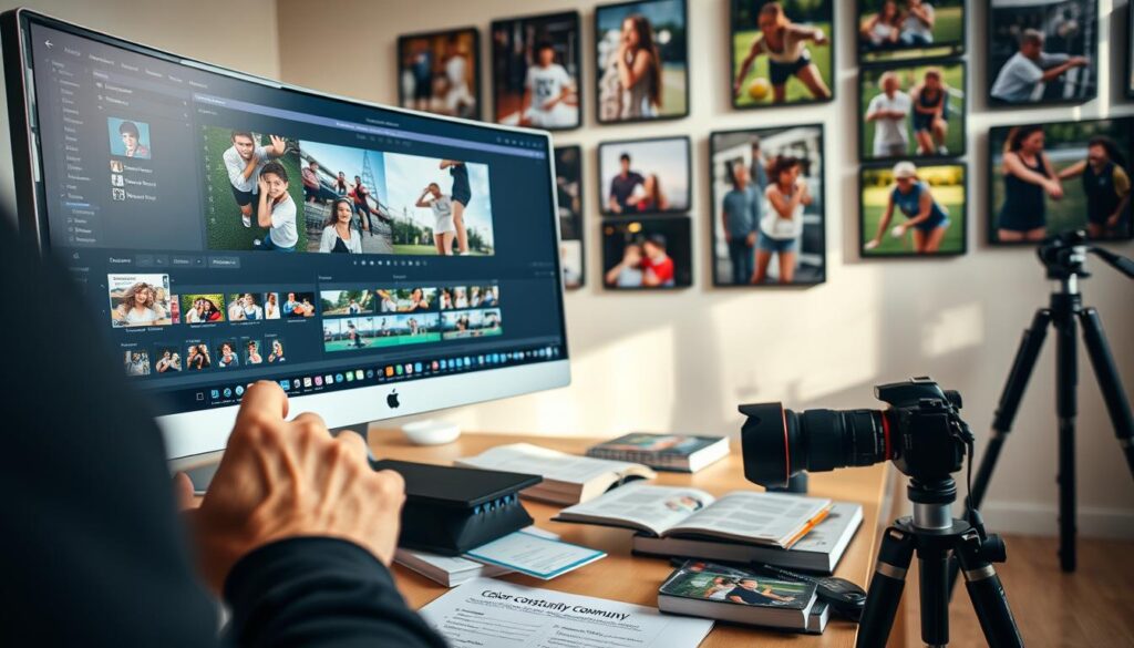 A close-up shot of a sports photography editing workstation, showcasing a high-resolution monitor displaying vibrant images of community sports events being edited. In the foreground, a photographer's hand is adjusting color levels on a professional photo editing software. In the middle, the desk is cluttered with photo books and notes about color consistency techniques, while a camera lens and tripod sit nearby. Soft, natural lighting illuminates the workspace, suggesting a warm and focused atmosphere. The background features a wall adorned with framed sports photographs, capturing the joy and energy of community athletes. The overall composition conveys a sense of professionalism and creative dedication to sports photography.