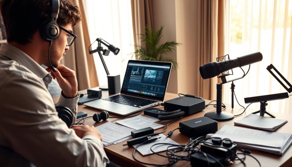 A cozy home office setup for troubleshooting streaming technology, featuring a modern desk with a sleek laptop open to a streaming interface, surrounded by various tech gadgets like headphones, a webcam, and a microphone. In the foreground, a person dressed in smart casual attire is focused on the screen, adjusting cables and checking connections. The middle of the scene includes a digital streaming device and an organized array of notes and troubleshooting guides. The background showcases a softly lit room with a large window letting in warm afternoon light, giving a calm and productive atmosphere. The angle is slightly tilted to highlight the desk clutter while maintaining a tidy composition. The overall mood is one of concentration and problem-solving, suitable for tech enthusiasts.