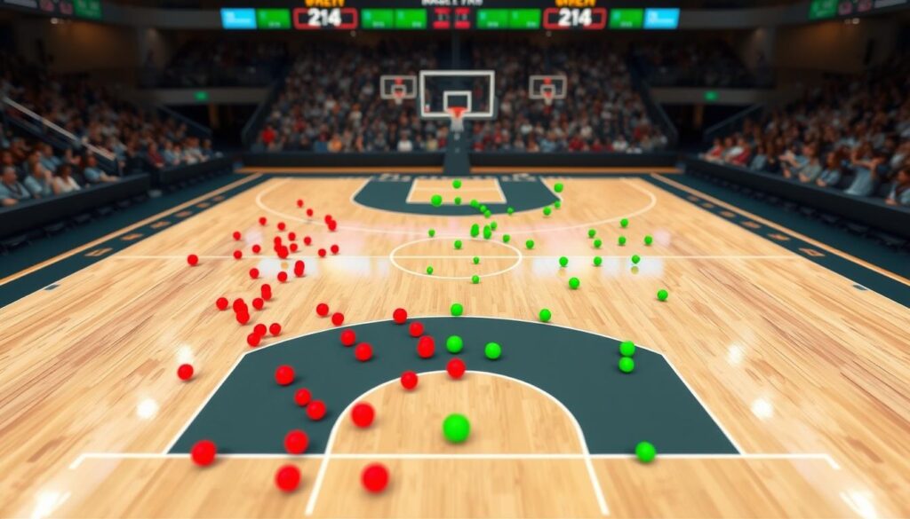 A detailed basketball shot chart visualization, showcasing a vibrant court layout with marked shooting zones. In the foreground, highlight various colored dots representing shot attempts—red for missed shots and green for successful ones—layered over a digital basketball court. The middle ground features arrows indicating player movements and shot angles, all within a sleek, modern design. In the background, a subtle blurred image of a cheering crowd and basketball hoops create an immersive atmosphere. Use bright, contrasting colors for the shot markings against a soft, muted court color, and employ dynamic lighting to enhance depth. Capture a sense of excitement and analytical insight, suitable for sports analysis. Exclude any text, labels, or watermarks.