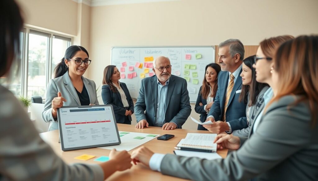 A diverse group of volunteers in professional business attire strategically gathered around a large table, collaborating on a project. In the foreground, a young woman enthusiastically presents a timeline on a digital tablet, while a middle-aged man takes notes on a notepad. The middle ground showcases a whiteboard filled with colorful sticky notes and diagrams illustrating different volunteer roles and their responsibilities. The background features an inviting community center with large windows letting in soft, natural light, creating a warm atmosphere. The image should capture a sense of teamwork and coordination among the volunteers, emphasizing their dedication to effective planning and execution of roles, with a focus on positive energy and collaboration. Use a slightly elevated angle to provide a comprehensive view of the scene. A diverse group of volunteers in professional business attire strategically gathered around a large table, collaborating on a project. In the foreground, a young woman enthusiastically presents a timeline on a digital tablet, while a middle-aged man takes notes on a notepad. The middle ground showcases a whiteboard filled with colorful sticky notes and diagrams illustrating different volunteer roles and their responsibilities. The background features an inviting community center with large windows letting in soft, natural light, creating a warm atmosphere. The image should capture a sense of teamwork and coordination among the volunteers, emphasizing their dedication to effective planning and execution of roles, with a focus on positive energy and collaboration. Use a slightly elevated angle to provide a comprehensive view of the scene.
