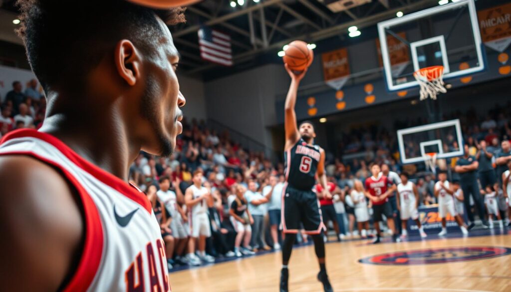 A dynamic basketball court scene capturing key moments and momentum shifts during a local game. In the foreground, a close-up of a basketball player in professional sports attire, mid-action, as they make a crucial shot. Their intense focus and determination are palpable. In the middle ground, teammates and opponents react, showcasing a mix of celebration and tension, embodying the game's energy. The background features an enthusiastic crowd, with vibrant colors representing team spirit, and dramatic lighting highlighting the court. The atmosphere is electric, emphasizing strategic moves and emotional reactions, with the camera angle slightly elevated to create depth and movement. The overall mood is intense, reflective of critical game moments leading to teachable insights.