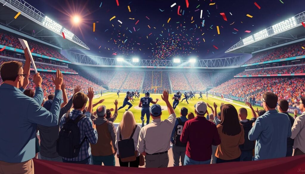 A dynamic illustration capturing the essence of historic sports rivalries, set in a vibrant stadium atmosphere. In the foreground, depict a diverse group of passionate fans in professional casual attire, holding banners and wearing team colors, showcasing their excitement. In the middle ground, feature two opposing teams on the field, one team in dark uniforms and the other in light, engaged in a tense game moment, emphasizing their determination. In the background, capture a packed stadium under bright floodlights, creating a dramatic and energetic ambiance with cheering crowds and colorful confetti filling the air. Use a slightly low-angle perspective to accentuate the intensity of the scene, with a warm color palette to evoke an exhilarating atmosphere of rivalry and history.