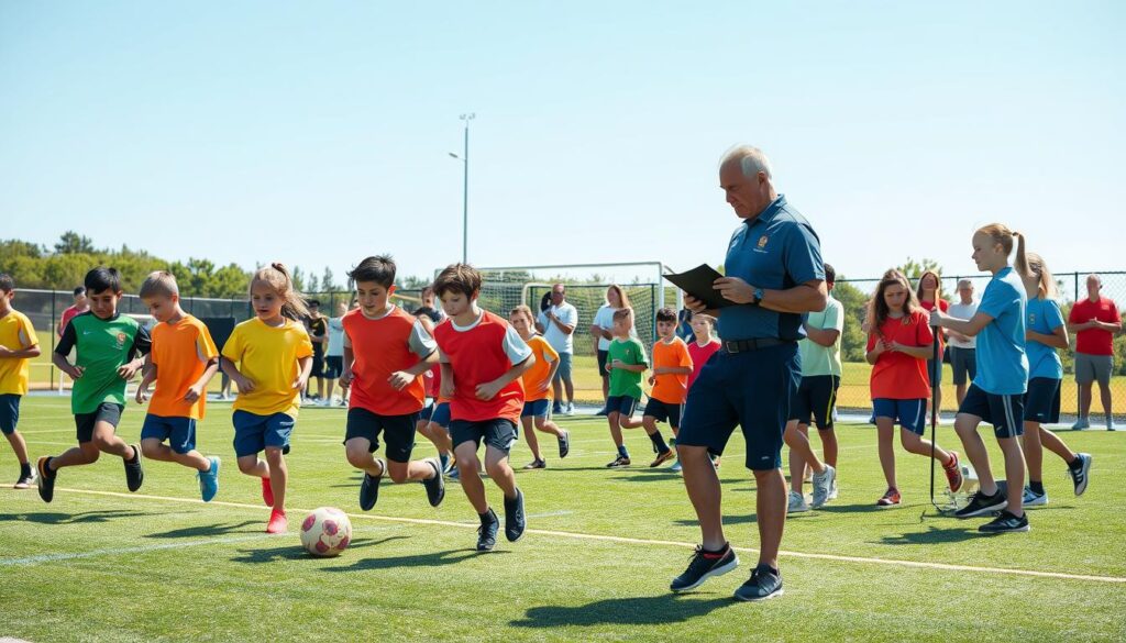A dynamic scene of youth sports player evaluations at an outdoor sports field during a sunny day, capturing the excitement of tryouts. In the foreground, a diverse group of young athletes, aged 10-14, wearing colorful sports uniforms, are engaged in various drills such as dribbling, running, and shooting. Coaches in professional casual attire observe closely, clipboards in hand, taking notes with focused expressions. In the middle ground, parents are cheering from the sidelines, creating an encouraging atmosphere. The background features goalposts and a vibrant green field under a clear blue sky. Use warm, natural lighting to enhance the lively mood, shot from a slightly elevated angle to convey depth and action in the scene.