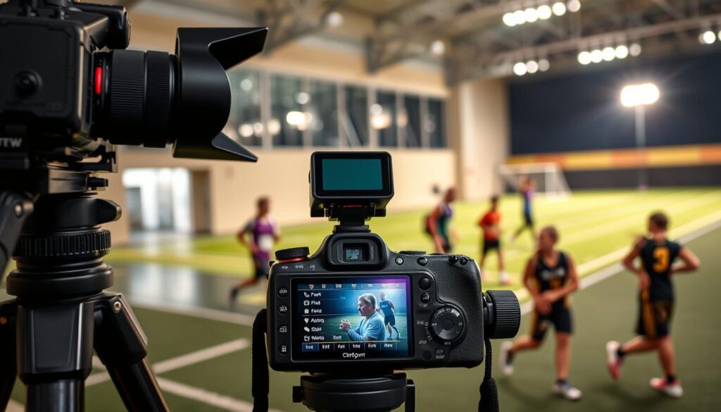 A dynamic sports photography setup featuring an array of camera settings displayed on a stylish tripod in the foreground. The camera includes a fast telephoto lens, hinting at outdoor action, while settings for indoor lighting and night photography are also visible on a digital screen. The middle ground showcases a vibrant sports scene with athletes in professional athletic wear, captured in motion, embodying their sport’s energy and intensity. In the background, a well-lit indoor gym or a softly illuminated nighttime field enhances the atmosphere. Natural light glimmers through large windows for the indoor setting, while the outdoor area shows floodlights illuminating the action. The overall mood is energetic and focused, capturing the essence of community sports photography while emphasizing technical excellence.
