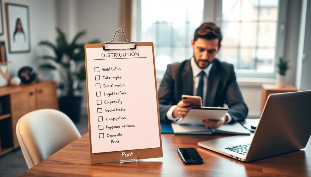 A neatly arranged multi-platform distribution checklist featured prominently in the foreground, detailing tasks for web, social media, and print. Each section contains checkboxes, icons, and relevant imagery, emphasizing organization and clarity. In the middle ground, an individual in professional business attire—focused and engaged—holds a clipboard, referencing the checklist while sitting at a modern desk surrounded by digital devices like a laptop and smartphone. The background subtly reveals a cozy office space with soft natural lighting filtering through large windows, providing an inviting atmosphere. The color palette is warm and professional, conveying a sense of diligence and teamwork. The composition captures a moment of preparation, reflecting the importance of structured distribution in effective communication.