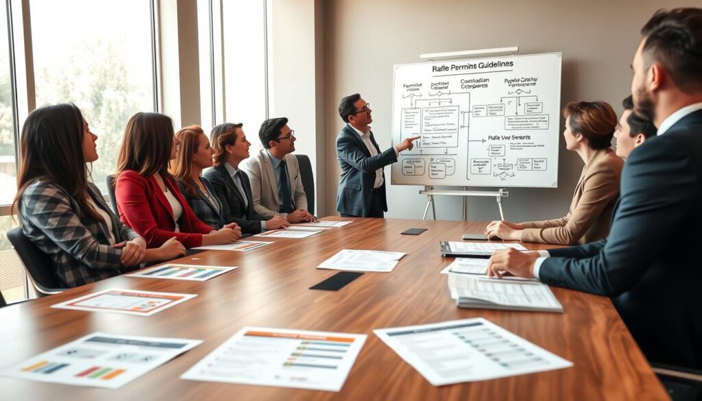 A professional meeting room setting, where a diverse group of individuals in business attire are collaboratively discussing raffle compliance guidelines. In the foreground, a modern wooden conference table displays a variety of documents, including colorful infographics and compliance checklists. The middle ground features a whiteboard filled with diagrams and key points related to permits and raffle regulations, accompanied by a legal expert pointing to a critical guideline. In the background, large windows let in soft, natural light, creating a warm and inviting atmosphere. The overall mood is focused and serious, suitable for a productive business discussion about compliance in fundraising events. The composition is well-lit, with a balanced depth of field, highlighting both the people and the documents. A professional meeting room setting, where a diverse group of individuals in business attire are collaboratively discussing raffle compliance guidelines. In the foreground, a modern wooden conference table displays a variety of documents, including colorful infographics and compliance checklists. The middle ground features a whiteboard filled with diagrams and key points related to permits and raffle regulations, accompanied by a legal expert pointing to a critical guideline. In the background, large windows let in soft, natural light, creating a warm and inviting atmosphere. The overall mood is focused and serious, suitable for a productive business discussion about compliance in fundraising events. The composition is well-lit, with a balanced depth of field, highlighting both the people and the documents.