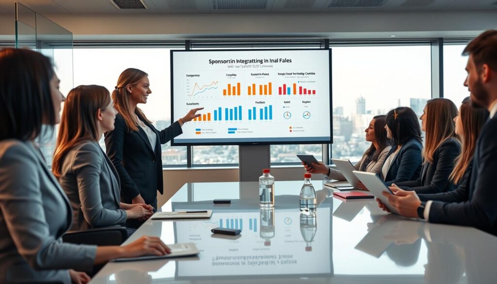 A sleek conference room setting featuring diverse professionals in business attire, engaged in a collaborative visual presentation. In the foreground, a well-dressed woman points to a digital screen displaying data visuals that represent sponsorship integration in a fair and unbiased manner. The middle of the image shows team members, a mix of genders and ethnicities, discussing with enthusiasm, using tablets and laptops. The background features a large window letting in natural light, with a cityscape visible outside, suggesting a modern corporate environment. The atmosphere is one of professionalism and teamwork, evoking a sense of clarity and focus, illuminated by soft, warm lighting to create an inviting ambiance. A sleek conference room setting featuring diverse professionals in business attire, engaged in a collaborative visual presentation. In the foreground, a well-dressed woman points to a digital screen displaying data visuals that represent sponsorship integration in a fair and unbiased manner. The middle of the image shows team members, a mix of genders and ethnicities, discussing with enthusiasm, using tablets and laptops. The background features a large window letting in natural light, with a cityscape visible outside, suggesting a modern corporate environment. The atmosphere is one of professionalism and teamwork, evoking a sense of clarity and focus, illuminated by soft, warm lighting to create an inviting ambiance.