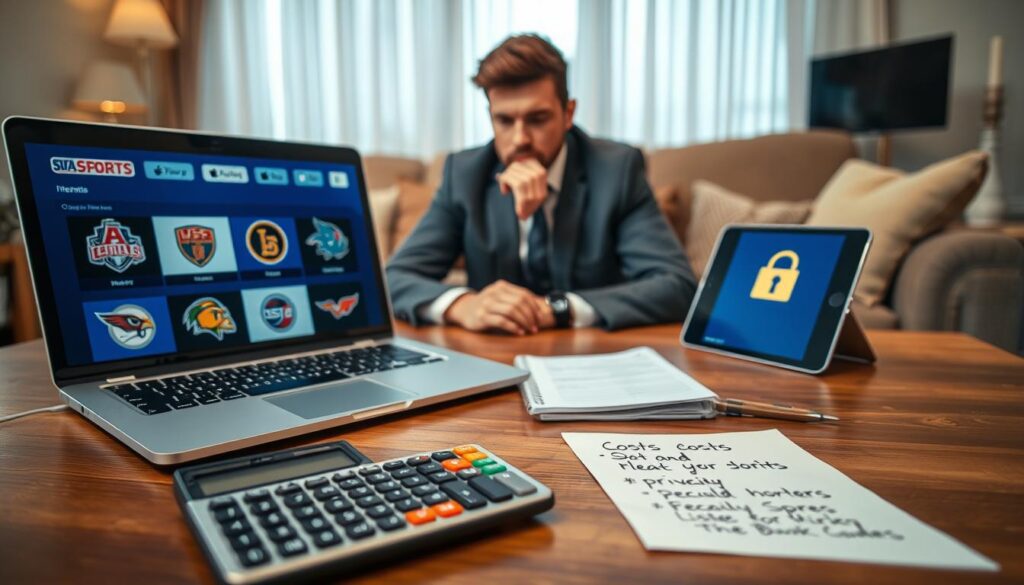 A vibrant and informative scene showcasing a laptop, tablet, and smartphone placed on a wooden table, each displaying various sports streaming platforms, with colorful logos of local sports teams visible. In the foreground, a calculator sits next to a notepad filled with notes on costs and privacy considerations. The middle ground features a concerned individual in professional business attire, thoughtfully reviewing the devices, embodying a sense of safety and awareness of privacy. The background presents a cozy living room with soft, warm lighting, emphasizing a comfortable atmosphere for watching games at home. The overall mood is analytical yet inviting, reflecting the theme of cost comparison and safety/privacy in sports streaming options.
