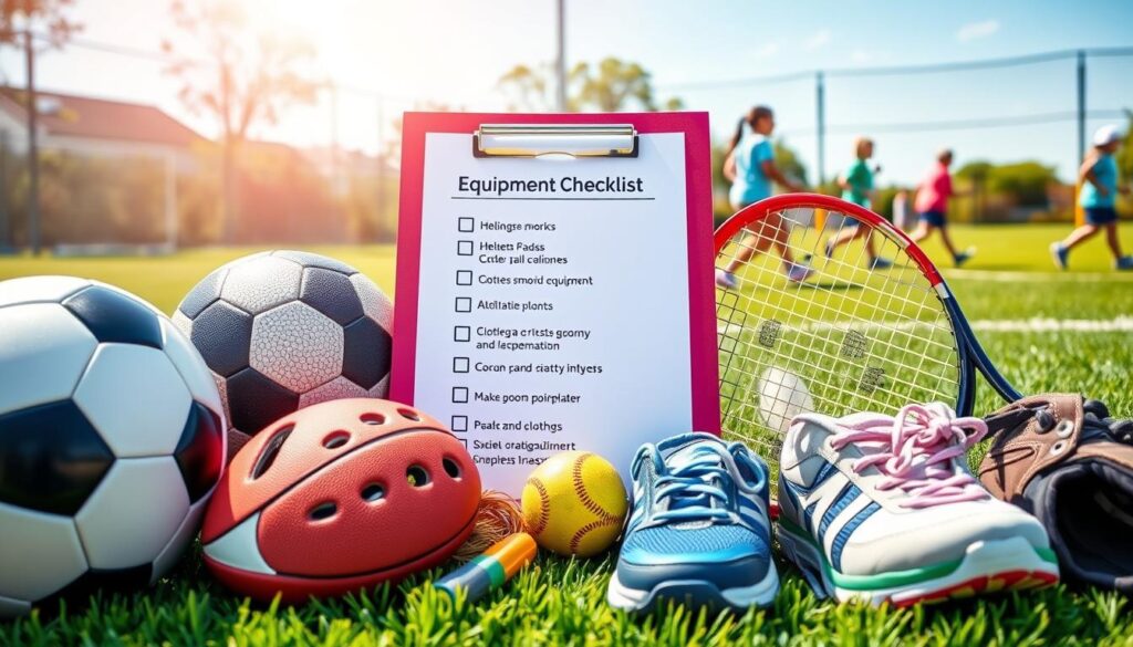 A vibrant and organized image depicting a youth sports equipment checklist. In the foreground, an assortment of sports gear is neatly arranged, including a soccer ball, basketball, baseball glove, tennis racket, and a pair of running shoes with size labels visible. The middle section features a colorful checklist with icons representing various sports equipment laid out, such as helmets, pads, and clothing, each ticked off. The background shows a sunlight-drenched sports field with children playing, evoking a lively and energetic atmosphere. The lighting is bright and cheerful, highlighting the importance of preparation for young athletes. The composition should be focused and clear, creating an inviting, educational mood for parents preparing their children for sports activities.