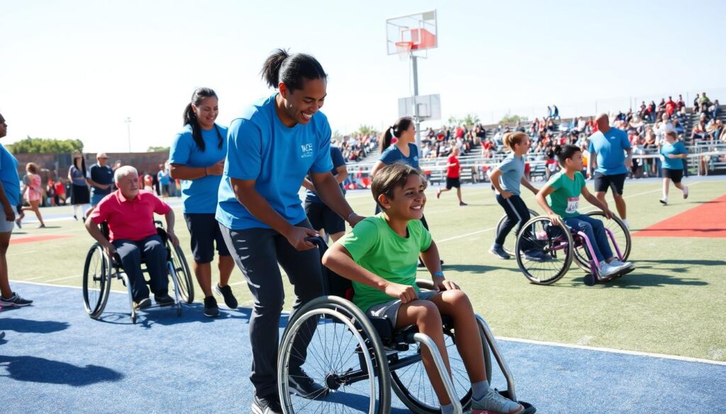 A vibrant scene depicting a diverse group of adaptive sports volunteers actively engaging with individuals with disabilities on an outdoor sports field. In the foreground, a volunteer wearing a bright blue shirt assists a young athlete in a wheelchair, showcasing their joyful interaction. The middle ground features a mix of volunteers and participants practicing various adaptive sports, including wheelchair basketball and visually impaired running, all dressed in professional casual attire. The background presents a sunny day with clear skies and a crowd of supportive spectators. The atmosphere is energetic and inclusive, capturing the essence of teamwork and community spirit. Bright, natural lighting enhances the sense of warmth and positivity, inviting viewers to feel the impact of inclusion in adaptive sports. A vibrant scene depicting a diverse group of adaptive sports volunteers actively engaging with individuals with disabilities on an outdoor sports field. In the foreground, a volunteer wearing a bright blue shirt assists a young athlete in a wheelchair, showcasing their joyful interaction. The middle ground features a mix of volunteers and participants practicing various adaptive sports, including wheelchair basketball and visually impaired running, all dressed in professional casual attire. The background presents a sunny day with clear skies and a crowd of supportive spectators. The atmosphere is energetic and inclusive, capturing the essence of teamwork and community spirit. Bright, natural lighting enhances the sense of warmth and positivity, inviting viewers to feel the impact of inclusion in adaptive sports.