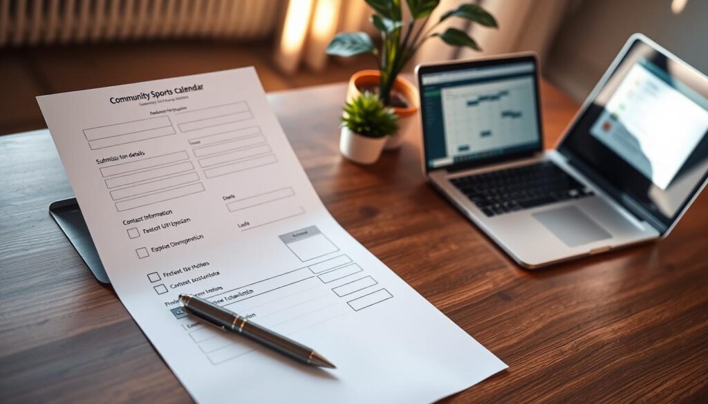 An overhead view of a well-designed submission form on a sleek wooden desk, ideal for a community sports calendar. The form features checkboxes for event details, a section for contact information, and clearly labeled fields for date, time, and location of events. In the foreground, a metallic pen rests beside the form. The middle ground includes a laptop with an open screen displaying a calendar interface, and a potted plant adds a touch of greenery. The background captures a softly lit room with warm natural lighting filtering through a window, casting gentle shadows. The atmosphere is organized and inviting, reflecting a professional yet approachable tone for community engagement. An overhead view of a well-designed submission form on a sleek wooden desk, ideal for a community sports calendar. The form features checkboxes for event details, a section for contact information, and clearly labeled fields for date, time, and location of events. In the foreground, a metallic pen rests beside the form. The middle ground includes a laptop with an open screen displaying a calendar interface, and a potted plant adds a touch of greenery. The background captures a softly lit room with warm natural lighting filtering through a window, casting gentle shadows. The atmosphere is organized and inviting, reflecting a professional yet approachable tone for community engagement.