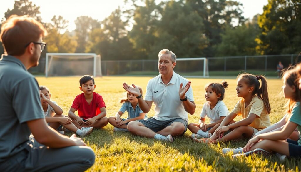 A tranquil scene of a youth sports coaching session focused on pressure management. In the foreground, a caring coach, wearing a modest polo shirt and sports pants, kneels beside a group of multi-ethnic children aged 10-12, who are sitting on the grass with attentive expressions. In the middle, the coach demonstrates breathing techniques, using hand gestures to emphasize calmness and focus. Soft, natural lighting casts gentle highlights on their faces, creating a warm and supportive atmosphere. In the background, a sunlit soccer field with goalposts and trees provides a serene setting, hinting at a friendly competition. The overall mood is encouraging and nurturing, emphasizing teamwork and resilience in the face of competition.