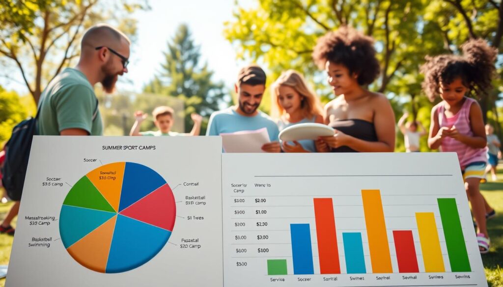 A vibrant and informative scene depicting a cost comparison chart for summer sports camps. In the foreground, feature a detailed, colorful pie chart and bar graph showcasing various camp prices, with labeled sections and bright colors to differentiate activities like soccer, basketball, and swimming. In the middle, include a focused group of diverse parents examining the charts, dressed in casual summer attire, discussing budgeting options. The background should have a sunlit park setting with children engaged in various sports activities, such as playing soccer and throwing a frisbee, filled with green trees and a clear blue sky. Use warm, inviting lighting to create a cheerful atmosphere, captured with a slight angle to emphasize the interactive discussion among the parents. A vibrant and informative scene depicting a cost comparison chart for summer sports camps. In the foreground, feature a detailed, colorful pie chart and bar graph showcasing various camp prices, with labeled sections and bright colors to differentiate activities like soccer, basketball, and swimming. In the middle, include a focused group of diverse parents examining the charts, dressed in casual summer attire, discussing budgeting options. The background should have a sunlit park setting with children engaged in various sports activities, such as playing soccer and throwing a frisbee, filled with green trees and a clear blue sky. Use warm, inviting lighting to create a cheerful atmosphere, captured with a slight angle to emphasize the interactive discussion among the parents.