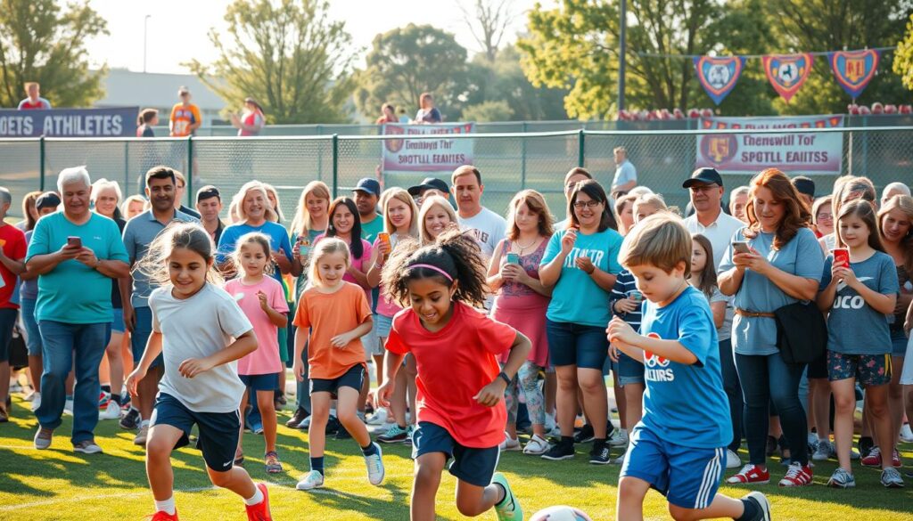 A vibrant community athletics gathering on a sunny day, showcasing diverse families engaging in various sports activities. In the foreground, children of different ages participate in a friendly soccer match, their faces filled with joy and determination. The middle ground features parents and family members cheering enthusiastically, some holding refreshments while others capture moments on their smartphones. The background reveals a community sports facility with banners representing local teams. Soft, warm lighting enhances a sense of camaraderie, while the scene is captured from a slightly elevated angle to encompass the breadth of the gathering. The atmosphere is lively and upbeat, reflecting the spirit of community and togetherness in sports. A vibrant community athletics gathering on a sunny day, showcasing diverse families engaging in various sports activities. In the foreground, children of different ages participate in a friendly soccer match, their faces filled with joy and determination. The middle ground features parents and family members cheering enthusiastically, some holding refreshments while others capture moments on their smartphones. The background reveals a community sports facility with banners representing local teams. Soft, warm lighting enhances a sense of camaraderie, while the scene is captured from a slightly elevated angle to encompass the breadth of the gathering. The atmosphere is lively and upbeat, reflecting the spirit of community and togetherness in sports.