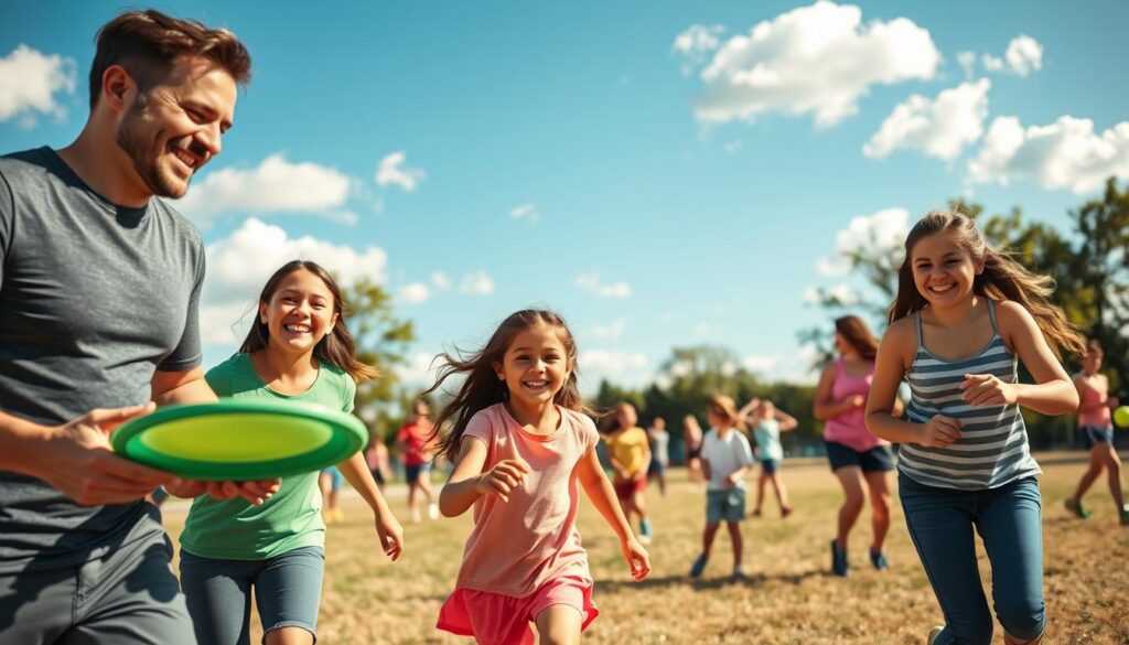 A vibrant family-friendly sporting event taking place in a sunny local park. In the foreground, a smiling family of four—parents in casual athletic attire and two children in colorful sports gear—are energetically playing a game of frisbee. In the middle ground, other families participate in various activities such as soccer, with children laughing and parents encouraging them. The background shows a clear blue sky dotted with fluffy clouds and a few trees, adding to the cheerful atmosphere. Warm, natural lighting enhances the lively feel of the scene. The camera angle is slightly elevated, capturing the joyful expressions of the families as they engage in sports, creating a sense of togetherness and community spirit. A vibrant family-friendly sporting event taking place in a sunny local park. In the foreground, a smiling family of four—parents in casual athletic attire and two children in colorful sports gear—are energetically playing a game of frisbee. In the middle ground, other families participate in various activities such as soccer, with children laughing and parents encouraging them. The background shows a clear blue sky dotted with fluffy clouds and a few trees, adding to the cheerful atmosphere. Warm, natural lighting enhances the lively feel of the scene. The camera angle is slightly elevated, capturing the joyful expressions of the families as they engage in sports, creating a sense of togetherness and community spirit.