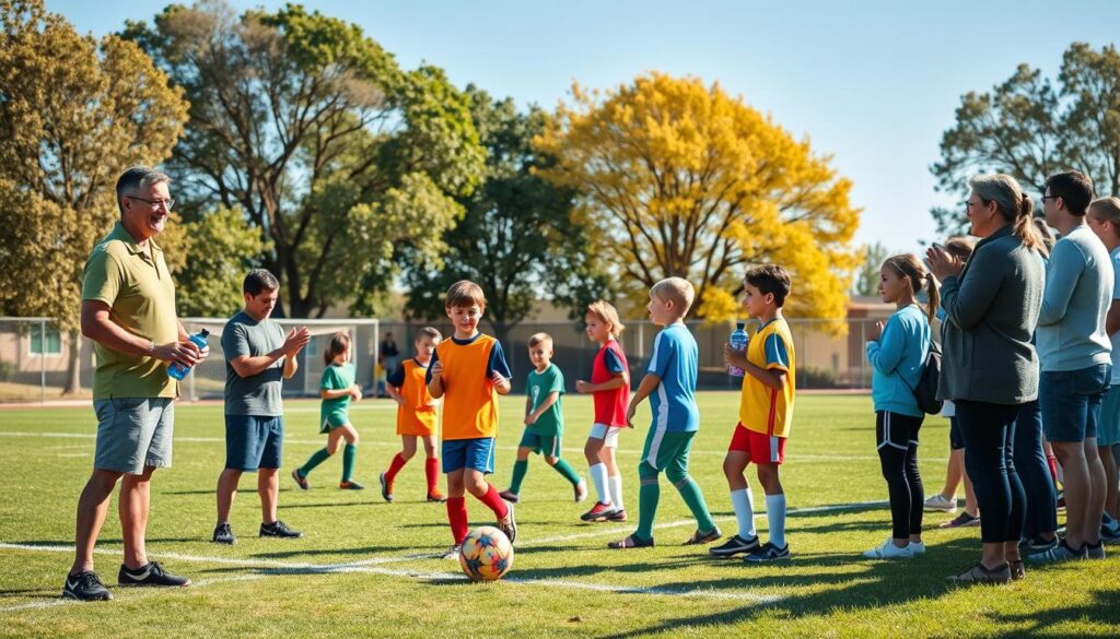 A vibrant sports field scene during a youth soccer game, showcasing enthusiastic parents on the sidelines practicing positive behavior. In the foreground, a diverse group of parents, including a father in a casual polo shirt and a mother in a comfortable sweater, are cheering genuinely with smiles, holding water bottles and clapping. In the middle, young athletes in colorful uniforms are actively engaged in the game, displaying teamwork and determination. The background features a bright blue sky, with trees lining the field creating a welcoming atmosphere. Soft, warm sunlight filters through the leaves, casting gentle shadows on the ground. The overall mood is uplifting and supportive, reflecting the importance of encouragement and positivity in youth sports.