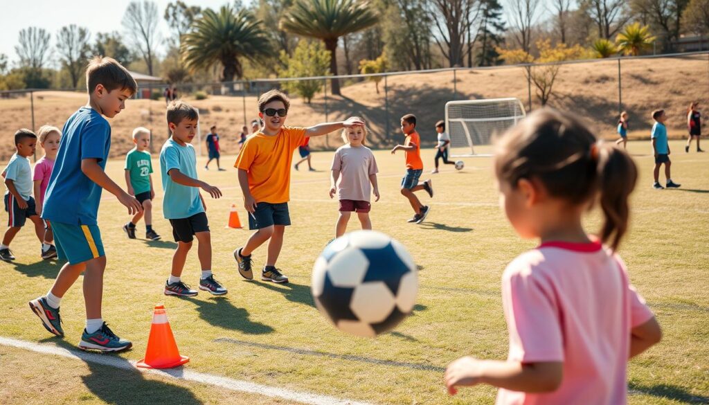 A vibrant youth athletics camp scene illustrating skill development drills in action. In the foreground, a diverse group of children, aged 8-12, wearing colorful athletic attire, are focused on practicing dribbling a soccer ball with precision. The middle ground showcases a coach, pointing and demonstrating techniques, encouraging teamwork and perseverance. Various skill development drills are visible, such as cones set up for agility training and a small goal post for shooting practice. In the background, a sunlit sports field is dotted with other kids engaged in different sports like basketball and track, creating an energetic atmosphere. The scene is bathed in warm, natural sunlight, capturing a sense of inspiration and enthusiasm. A low-angle perspective enhances the feeling of dynamism and engagement among the young athletes. A vibrant youth athletics camp scene illustrating skill development drills in action. In the foreground, a diverse group of children, aged 8-12, wearing colorful athletic attire, are focused on practicing dribbling a soccer ball with precision. The middle ground showcases a coach, pointing and demonstrating techniques, encouraging teamwork and perseverance. Various skill development drills are visible, such as cones set up for agility training and a small goal post for shooting practice. In the background, a sunlit sports field is dotted with other kids engaged in different sports like basketball and track, creating an energetic atmosphere. The scene is bathed in warm, natural sunlight, capturing a sense of inspiration and enthusiasm. A low-angle perspective enhances the feeling of dynamism and engagement among the young athletes.