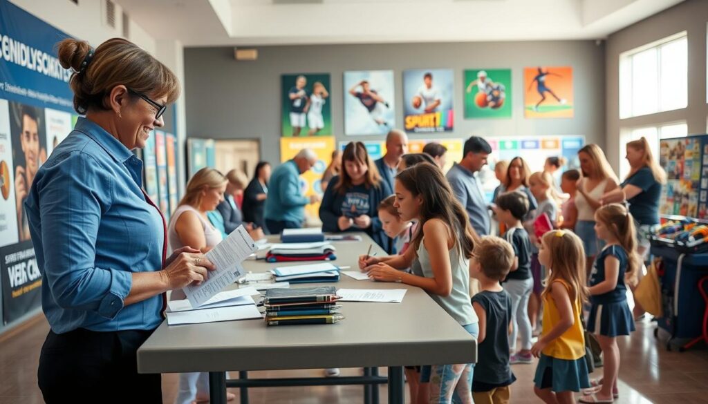 A busy local sports registration event captured in a community center. In the foreground, a friendly volunteer in a professional attire assists parents as they fill out forms at a registration table, with vibrant sports banners in the background. The middle ground features a diverse group of families—moms and dads, kids of various ages—eagerly discussing options and exploring sports equipment displays. The background shows a welcoming space filled with colorful promotional material about different sports leagues. The lighting is bright and inviting, reminiscent of a sunny afternoon, creating an energetic yet organized atmosphere. The image composition is slightly angled to capture both the busy activity of the registration table and the engaged families, emphasizing community involvement in local athletics. A busy local sports registration event captured in a community center. In the foreground, a friendly volunteer in a professional attire assists parents as they fill out forms at a registration table, with vibrant sports banners in the background. The middle ground features a diverse group of families—moms and dads, kids of various ages—eagerly discussing options and exploring sports equipment displays. The background shows a welcoming space filled with colorful promotional material about different sports leagues. The lighting is bright and inviting, reminiscent of a sunny afternoon, creating an energetic yet organized atmosphere. The image composition is slightly angled to capture both the busy activity of the registration table and the engaged families, emphasizing community involvement in local athletics.
