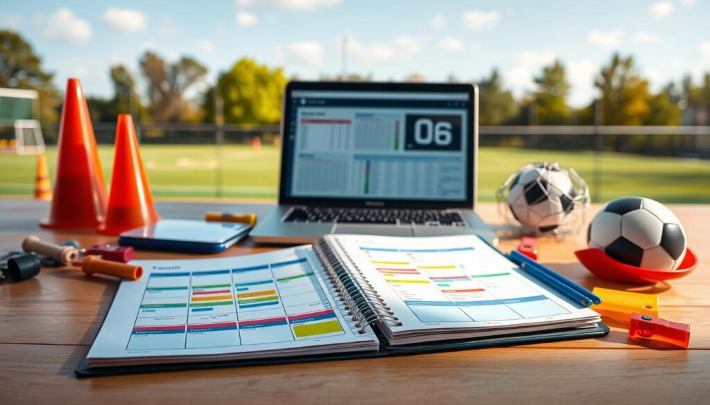 A visually organized youth sports practice planning schedule displayed on a bright and inviting wooden table. In the foreground, a neatly arranged planner open to a week view, showcasing colorful practice time blocks and notes, surrounded by various sports equipment like cones, whistles, and a soccer ball. In the middle, a laptop is open, with spreadsheets and coaching resources visible on the screen. The background features a soft-focus view of a sports field under clear blue skies, with trees gently swaying, conveying an energetic yet relaxed atmosphere. The lighting is warm and natural, creating an inspiring environment for budding coaches. The scene emphasizes preparation, organization, and the enthusiasm of youth sports coaching.
