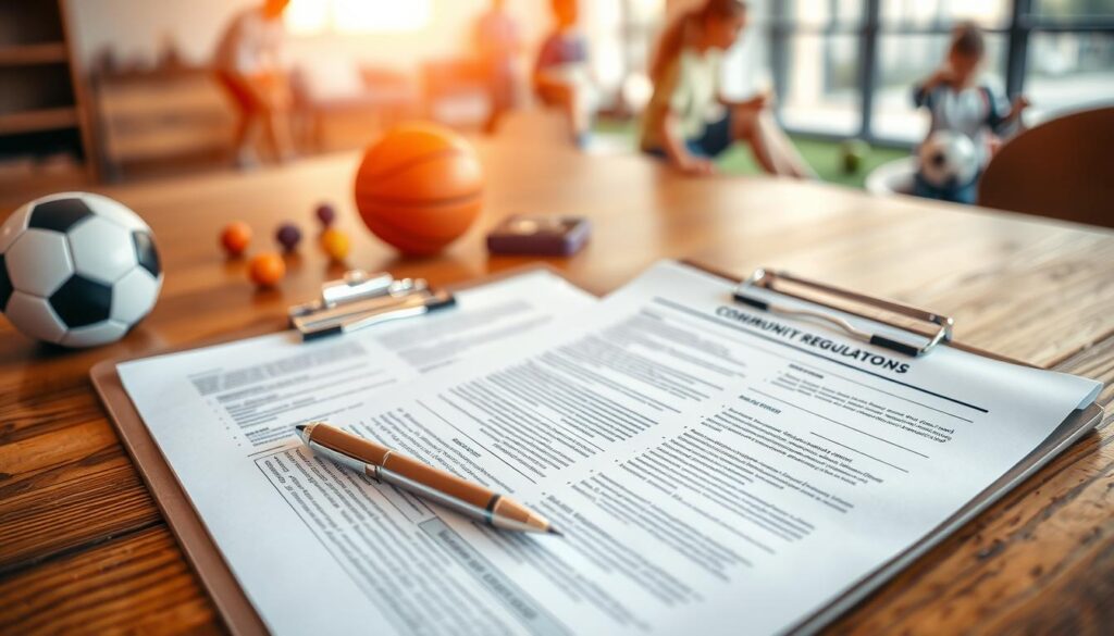 A well-organized community sports signup rules and policies document displayed on a wooden table. In the foreground, a neatly laid-out sheet with clear headings and bullet points is partially unrolled, highlighting important league regulations. The middle ground features a clipboard with a pen, symbolizing the act of signing up, and a few scattered sports equipment items like a soccer ball and basketball. In the background, softly blurred images of families engaging in sports activities, demonstrating community involvement. The lighting is warm and inviting, suggesting a friendly atmosphere, captured from a slightly elevated angle to give an overview. The mood is informative yet encouraging, emphasizing the importance of understanding league rules and fostering participation in local sports. A well-organized community sports signup rules and policies document displayed on a wooden table. In the foreground, a neatly laid-out sheet with clear headings and bullet points is partially unrolled, highlighting important league regulations. The middle ground features a clipboard with a pen, symbolizing the act of signing up, and a few scattered sports equipment items like a soccer ball and basketball. In the background, softly blurred images of families engaging in sports activities, demonstrating community involvement. The lighting is warm and inviting, suggesting a friendly atmosphere, captured from a slightly elevated angle to give an overview. The mood is informative yet encouraging, emphasizing the importance of understanding league rules and fostering participation in local sports.