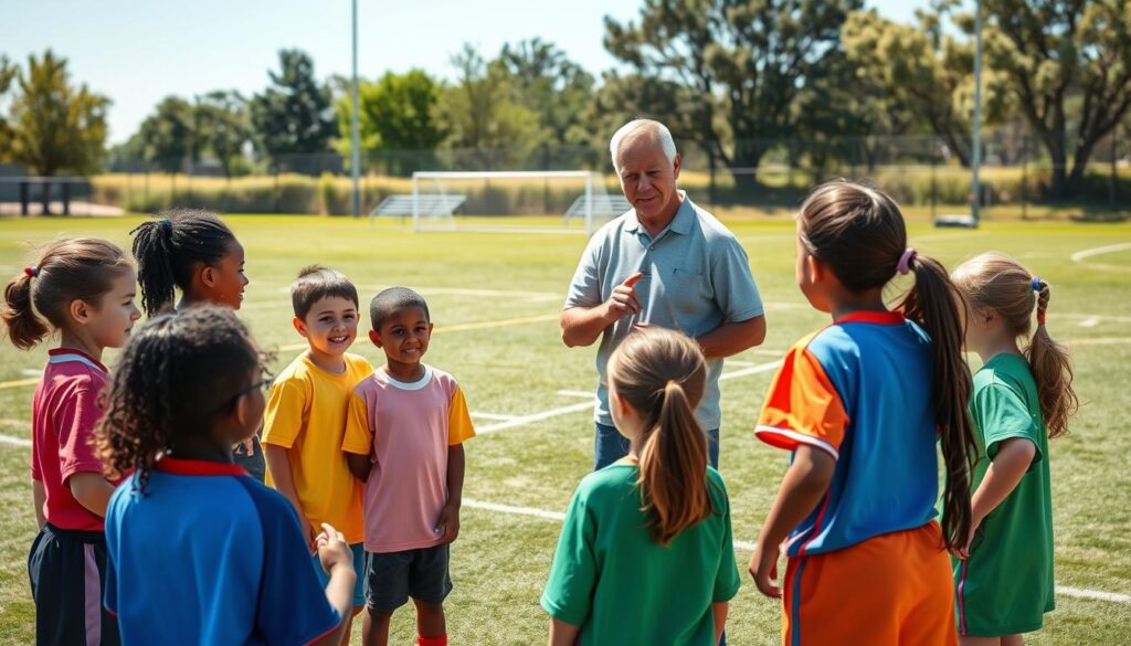 A youth sports coaching volunteer stands on a sunlit field, actively engaging a group of diverse children, aged 8-12, in a team-building exercise. The coach, a middle-aged adult in modest casual clothing, demonstrates a drill that emphasizes teamwork and communication. The kids, wearing colorful sports uniforms, eagerly participate, portraying excitement and attentiveness. In the background, a well-maintained sports field with goal posts and benches can be seen, under a clear blue sky. The scene is captured in bright, natural lighting, with a focus on the interactions, using a slightly wider lens to encompass the sense of community. The atmosphere is warm and encouraging, reflecting the positive impact of youth sports coaching on player development and life skills.