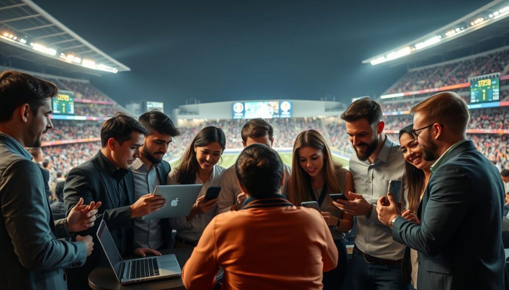 A dynamic scene depicting a modern sports marketing team engaged in a live-tweeting strategy during a game. In the foreground, a diverse group of professionals dressed in smart casual clothing huddles around laptops and smartphones, animatedly discussing updates. In the middle, a large sports stadium can be seen bustling with excited fans, illuminated by bright stadium lights, setting an energetic atmosphere. The background features a clear night sky and the vibrant colors of the stadium's exterior. A few scattered digital screens display real-time game statistics, enhancing the live engagement theme. The overall mood is focused and energetic, conveying the excitement of real-time social media interactions. The image is shot from a slightly elevated angle to capture both the team’s engagement and the vibrant stadium environment.