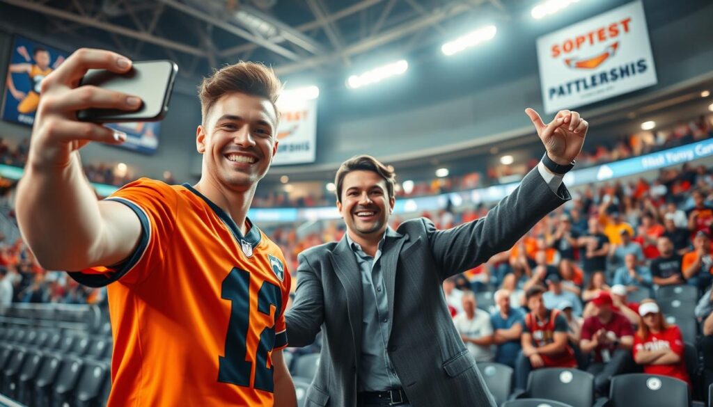 A dynamic scene showcasing a local athlete and a social media influencer engaging in a partnership for sports marketing. In the foreground, the athlete wears a vibrant team jersey, smiling confidently while posing with their phone, and capturing a selfie with the influencer. The influencer, dressed in stylish yet professional casual attire, gestures enthusiastically, showcasing excitement. In the middle ground, a boisterous crowd is seen in a stadium, hinting at filled seats and an energetic atmosphere. The background features banners promoting local sports events and partnerships. The lighting is bright and lively, evoking a joyful ambiance, while a wide-angle lens captures the action, emphasizing engagement and partnership. The overall mood is positive and inspiring, reflecting community spirit and collaboration in sports marketing.