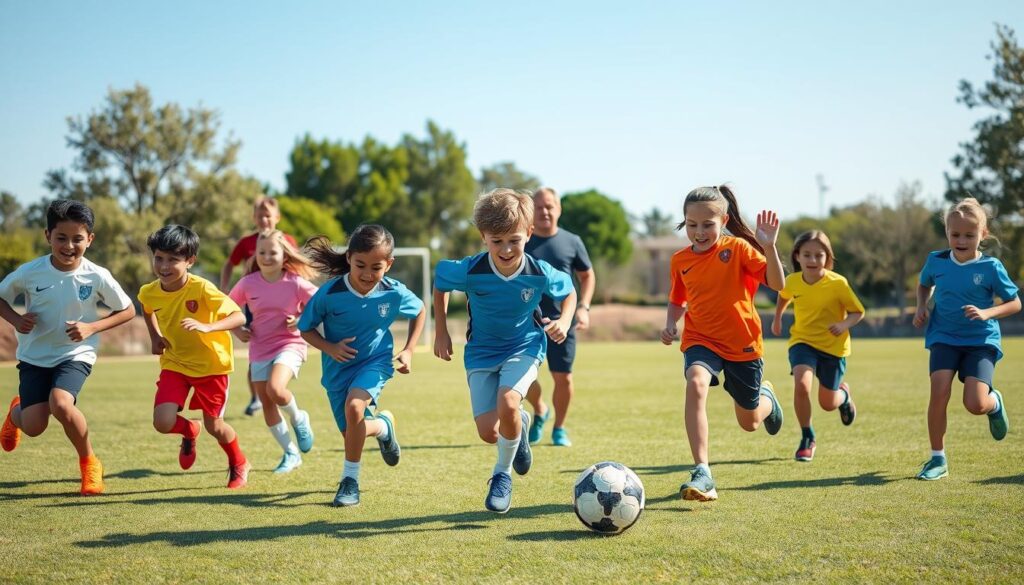 A dynamic scene showcasing young athletes engaged in age-appropriate training intensity outdoors. In the foreground, a diverse group of middle school-aged boys and girls are practicing their sport, energetically sprinting, dribbling, and passing a soccer ball on a bright green field. Their attire consists of colorful athletic gear, including jerseys and shorts. The middle layer features a coach observing and providing encouragement, dressed in casual sportswear, emphasizing a motivational atmosphere. The background includes trees and a clear blue sky, enhancing the outdoor setting. The lighting is warm and natural, with the sun casting soft shadows, conveying a positive and inspiring mood that reflects health and vitality in youth sports training. The scene avoids any distractions or text, focusing solely on the athletes' commitment and teamwork. A dynamic scene showcasing young athletes engaged in age-appropriate training intensity outdoors. In the foreground, a diverse group of middle school-aged boys and girls are practicing their sport, energetically sprinting, dribbling, and passing a soccer ball on a bright green field. Their attire consists of colorful athletic gear, including jerseys and shorts. The middle layer features a coach observing and providing encouragement, dressed in casual sportswear, emphasizing a motivational atmosphere. The background includes trees and a clear blue sky, enhancing the outdoor setting. The lighting is warm and natural, with the sun casting soft shadows, conveying a positive and inspiring mood that reflects health and vitality in youth sports training. The scene avoids any distractions or text, focusing solely on the athletes' commitment and teamwork.