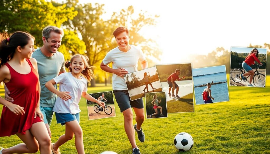 A vibrant collage capturing a family bonding over various sports, showcasing memorable moments. In the foreground, a diverse family of four—parents and two kids—are joyfully playing soccer together, laughing and cheering. The middle layer features snapshots of different family athletic activities: biking, swimming, and hiking, connected by a flowing ribbon of memories. In the background, a sunny park setting with green grass and trees enhances the vibrant atmosphere, while the soft golden hour lighting casts a warm glow. The family members are dressed in modest casual sportswear, conveying a sense of togetherness and fun. The overall mood is joyful and nostalgic, inviting viewers to reflect on the importance of creating lasting athletic traditions.