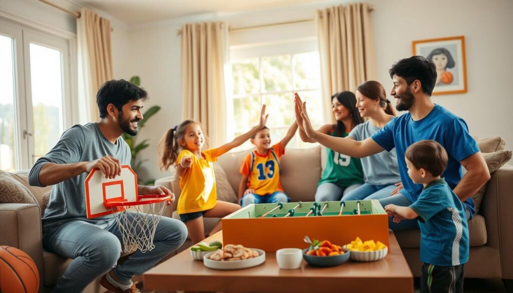 A vibrant living room scene filled with a diverse family engaged in various sports activities, illustrating team spirit and togetherness. In the foreground, a father and daughter are setting up a mini basketball hoop, while the mother and son prepare a small tabletop soccer game. The middle ground features colorful team jerseys, some family members exchanging high-fives, and a table adorned with healthy snacks. In the background, a window allows warm afternoon sunlight to filter in, creating a cozy, inviting atmosphere. The image should evoke happiness, laughter, and bonding through sports, with soft lighting enhancing the cheerful vibe. Capture the scene from a slightly elevated angle to showcase the interaction and joy of building family traditions through athletics.