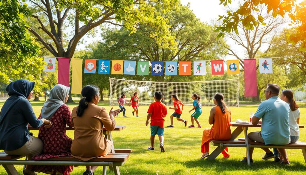 A vibrant scene depicting a diverse sports community networking event in a park setting. In the foreground, a group of parents and coaches of various ethnicities engage in conversation while sitting at picnic tables, dressed in modest casual clothing. In the middle ground, children play a friendly soccer game, showcasing teamwork and inclusivity. Surrounding them are colorful banners representing different sports, emphasizing diversity. The background features green trees and an inviting blue sky, with soft, natural sunlight filtering through the leaves, creating a warm and welcoming atmosphere. The image conveys a sense of connection, joy, and collaboration among families, highlighting the essence of building an inclusive community.