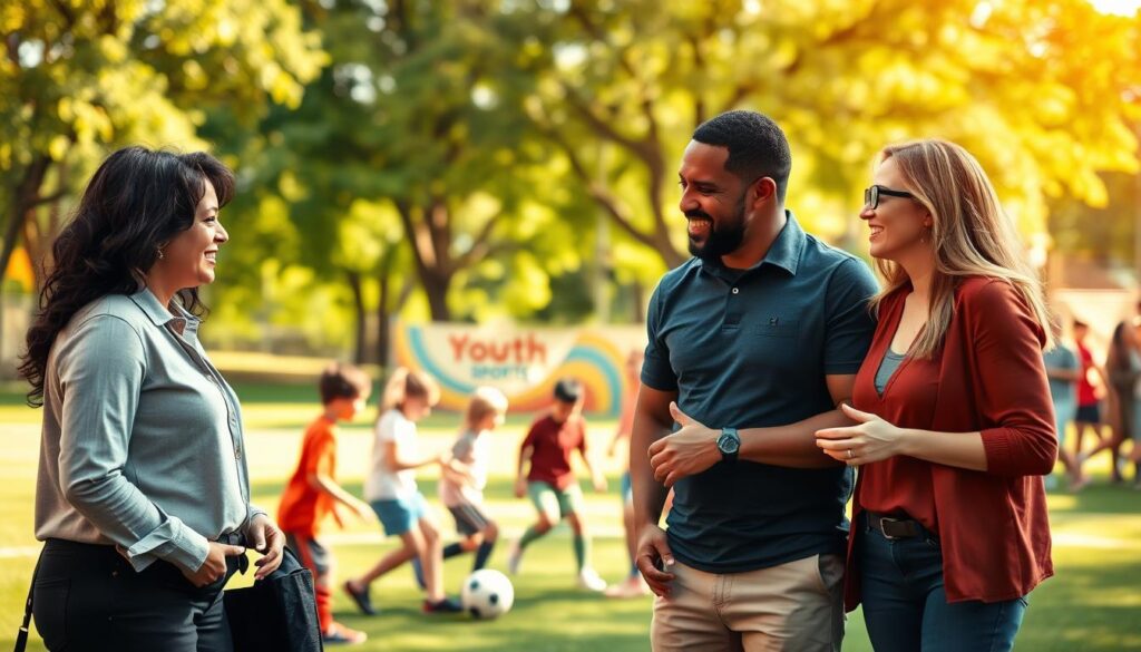 A vibrant scene in a community sports setting showcasing a diverse group of parents interacting positively. In the foreground, three parents of varying ethnicities, dressed in smart casual attire, are engaged in a lively discussion, sharing ideas and encouraging one another. In the middle ground, a small group of children energetically play soccer, symbolizing teamwork and collaboration, while their parents cheer them on. The background features a sunny park with green trees and colorful banners for a youth sports event, creating an inviting and uplifting atmosphere. Soft, warm lighting highlights the joyful expressions of the parents and children, while a shallow depth of field subtly blurs the background, emphasizing the connection among the individuals. The mood is supportive and encouraging, embodying the essence of a strong community network.