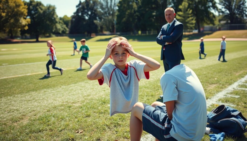 A young athlete, approximately 12 years old, with a concerned expression, sits on the sidelines of a grassy sports field. In the foreground, the focus is on the athlete, wearing a modest sports uniform, holding their head with both hands to indicate discomfort, showcasing symptoms of a concussion. Behind them, a concerned coach in professional attire observes, ready to assist. In the background, other young athletes continue to play, illustrating the vibrant environment of youth sports. The setting is brightly lit, capturing the energy of a sunny day, with soft shadows cast by nearby trees. The overall mood conveys a sense of urgency and the importance of recognizing concussion symptoms in a supportive sports community. A young athlete, approximately 12 years old, with a concerned expression, sits on the sidelines of a grassy sports field. In the foreground, the focus is on the athlete, wearing a modest sports uniform, holding their head with both hands to indicate discomfort, showcasing symptoms of a concussion. Behind them, a concerned coach in professional attire observes, ready to assist. In the background, other young athletes continue to play, illustrating the vibrant environment of youth sports. The setting is brightly lit, capturing the energy of a sunny day, with soft shadows cast by nearby trees. The overall mood conveys a sense of urgency and the importance of recognizing concussion symptoms in a supportive sports community.