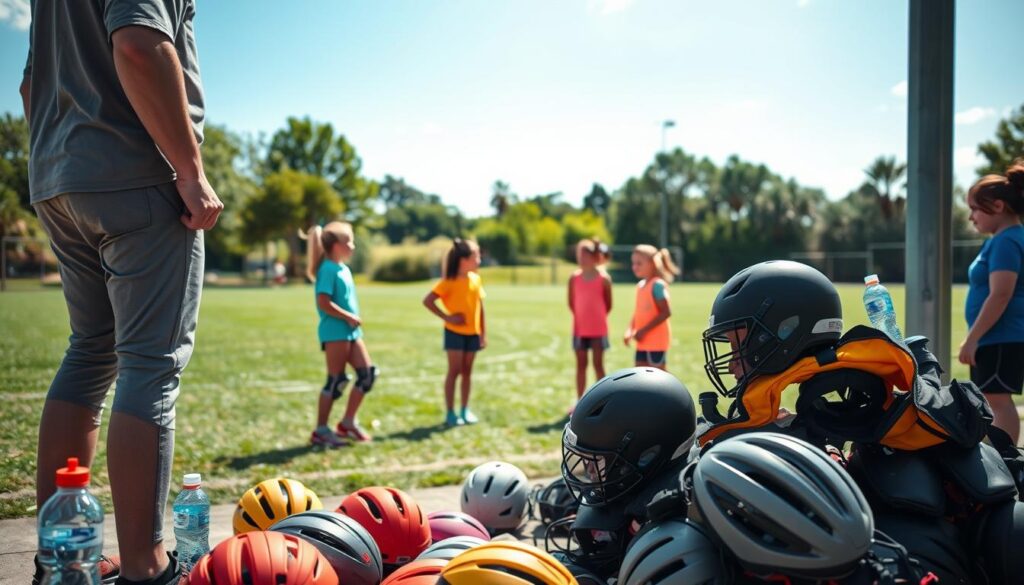 A community sports coach conducting a thorough safety equipment check in a well-lit outdoor training area. In the foreground, the coach, dressed in modest athletic wear, inspects a pile of helmets, knee pads, and water bottles. The middle ground features young athletes, dressed in bright, casual sports gear, participating in a warm-up exercise and attentively listening to the coach. In the background, a sunny sky highlights the lush green field and nearby trees, conveying a sense of a vibrant and encouraging training environment. Use vibrant colors and natural lighting to create an energetic atmosphere, capturing the spirit of community engagement in outdoor sports. The scene reflects careful preparation and a focus on safety for all participants. A community sports coach conducting a thorough safety equipment check in a well-lit outdoor training area. In the foreground, the coach, dressed in modest athletic wear, inspects a pile of helmets, knee pads, and water bottles. The middle ground features young athletes, dressed in bright, casual sports gear, participating in a warm-up exercise and attentively listening to the coach. In the background, a sunny sky highlights the lush green field and nearby trees, conveying a sense of a vibrant and encouraging training environment. Use vibrant colors and natural lighting to create an energetic atmosphere, capturing the spirit of community engagement in outdoor sports. The scene reflects careful preparation and a focus on safety for all participants.
