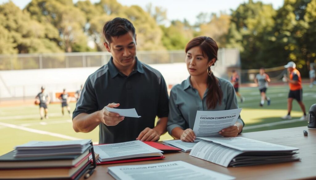 A composition focused on "concussion communication scripts," featuring a neatly organized desk in the foreground with professional-looking printed scripts on concussion protocols. In the middle, include a coach and a parent engaged in a serious discussion, both dressed in modest casual clothing, showing concern and attentiveness. The background should depict a sunny outdoor sports field with players practicing in the distance, symbolizing a safe and supportive environment. Soft, natural lighting highlights the scene, creating an atmosphere of seriousness yet hopefulness. The angle captures both individuals' expressions and the scripts they are discussing, emphasizing the importance of communication in concussion safety.