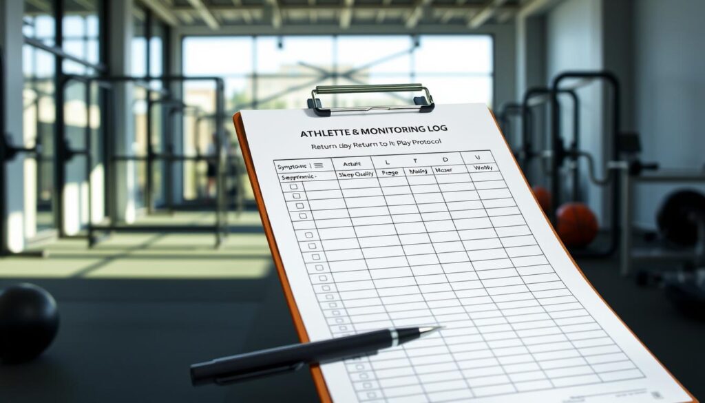 A detailed daily athlete monitoring log designed for a "Return to Play Protocol", prominently displayed in the foreground. The log includes sections for symptoms, sleep quality, and workload management, featuring neatly organized rows and checkboxes. In the middle, a clipboard and a pen rest next to the log, suggesting an active monitoring process. The background captures a well-lit, modern sports facility with gym equipment faintly visible, reflecting a professional atmosphere. Soft natural light filters through large windows, casting gentle shadows. The overall mood is focused and motivated, highlighting the importance of careful tracking in the recovery process. No human subjects are included in this depiction, ensuring a clean and professional appearance. A detailed daily athlete monitoring log designed for a "Return to Play Protocol", prominently displayed in the foreground. The log includes sections for symptoms, sleep quality, and workload management, featuring neatly organized rows and checkboxes. In the middle, a clipboard and a pen rest next to the log, suggesting an active monitoring process. The background captures a well-lit, modern sports facility with gym equipment faintly visible, reflecting a professional atmosphere. Soft natural light filters through large windows, casting gentle shadows. The overall mood is focused and motivated, highlighting the importance of careful tracking in the recovery process. No human subjects are included in this depiction, ensuring a clean and professional appearance.