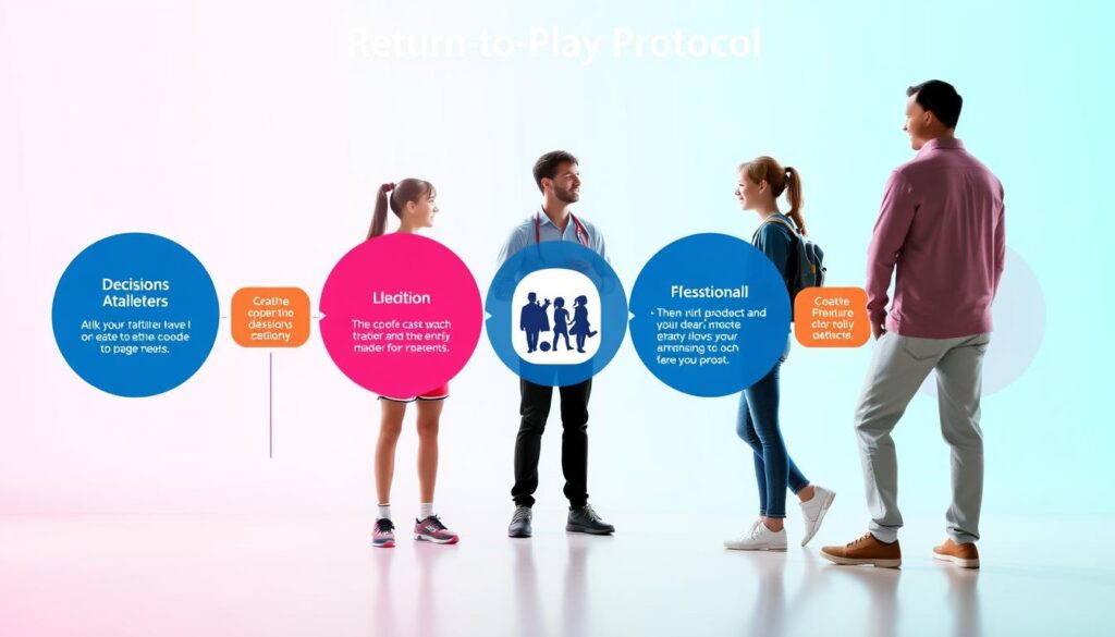 A detailed decision flowchart illustrating the return-to-play protocol for youth sports, designed in a clean and professional style. The foreground features clear, connected decision paths highlighted with vibrant colors, making each step easy to follow. In the middle, include icons representing youth athletes in modest casual sports attire, consulting with a coach and a medical professional, emphasizing teamwork and safety. The background is a soft gradient, evoking a sense of clarity and focus. The lighting is bright but soft, creating an inviting atmosphere that encourages understanding. The overall mood is supportive and educational, perfect for guiding readers through important decision-making steps after an injury or illness. A detailed decision flowchart illustrating the return-to-play protocol for youth sports, designed in a clean and professional style. The foreground features clear, connected decision paths highlighted with vibrant colors, making each step easy to follow. In the middle, include icons representing youth athletes in modest casual sports attire, consulting with a coach and a medical professional, emphasizing teamwork and safety. The background is a soft gradient, evoking a sense of clarity and focus. The lighting is bright but soft, creating an inviting atmosphere that encourages understanding. The overall mood is supportive and educational, perfect for guiding readers through important decision-making steps after an injury or illness.