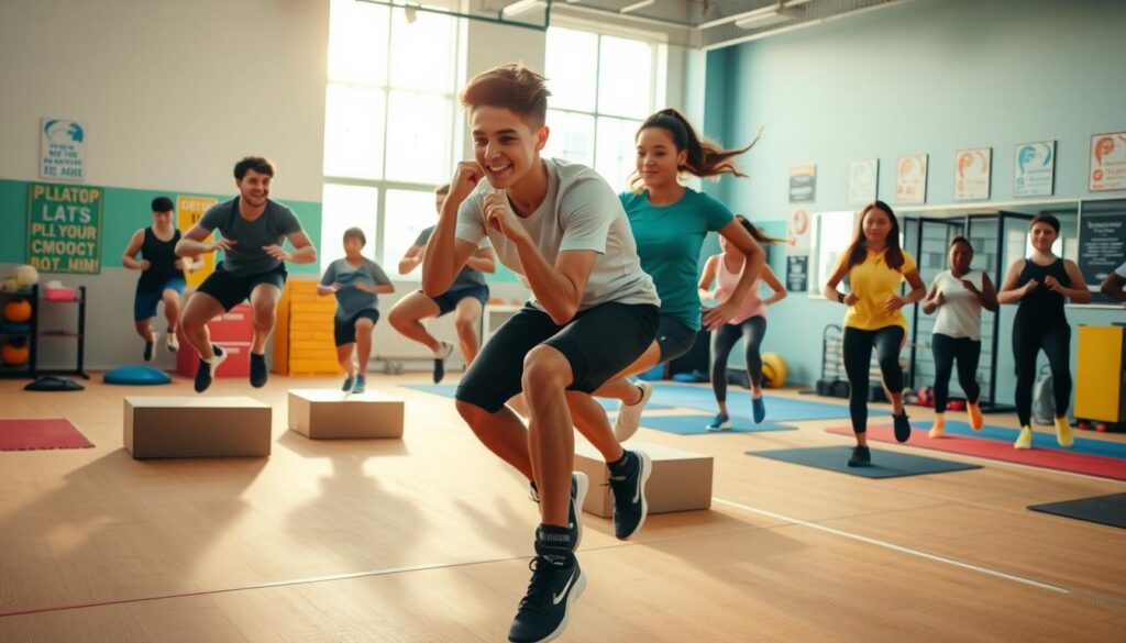 A dynamic plyometrics training session for youth aged 13-15, featuring enthusiastic male and female athletes performing exercises like box jumps, squat jumps, and lateral bounds. In the foreground, focus on one athlete, showcasing proper technique with an expressive pose, wearing modest athletic attire. The middle ground captures a group of diverse young athletes engaged in various plyometric drills, emphasizing teamwork and energy. The background displays a well-equipped gym with colorful mats, exercise equipment, and motivational posters. Bright, natural light streams through large windows, creating an energetic atmosphere. The scene is captured from a low angle to emphasize the athletes' movements, inspiring a sense of action and determination. A dynamic plyometrics training session for youth aged 13-15, featuring enthusiastic male and female athletes performing exercises like box jumps, squat jumps, and lateral bounds. In the foreground, focus on one athlete, showcasing proper technique with an expressive pose, wearing modest athletic attire. The middle ground captures a group of diverse young athletes engaged in various plyometric drills, emphasizing teamwork and energy. The background displays a well-equipped gym with colorful mats, exercise equipment, and motivational posters. Bright, natural light streams through large windows, creating an energetic atmosphere. The scene is captured from a low angle to emphasize the athletes' movements, inspiring a sense of action and determination.