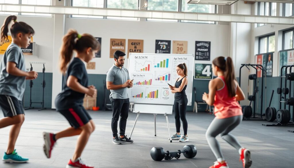 A dynamic scene showcasing a youth athlete training environment focused on progress tracking. In the foreground, a diverse group of three young athletes in modest athletic wear, engaged in various age-appropriate exercises, such as agility drills and strength training. A fitness coach, dressed in professional athletic attire, is observing and taking notes on their progress. In the middle ground, a whiteboard filled with colorful charts and graphs illustrates their workout metrics, symbolizing measured improvement without over-testing. The background features a well-lit gym with exercise equipment and motivational posters. Soft, natural light filters through large windows, creating an inviting atmosphere that emphasizes growth and encouragement. The overall mood is energetic and positive, capturing the essence of youth training progression.