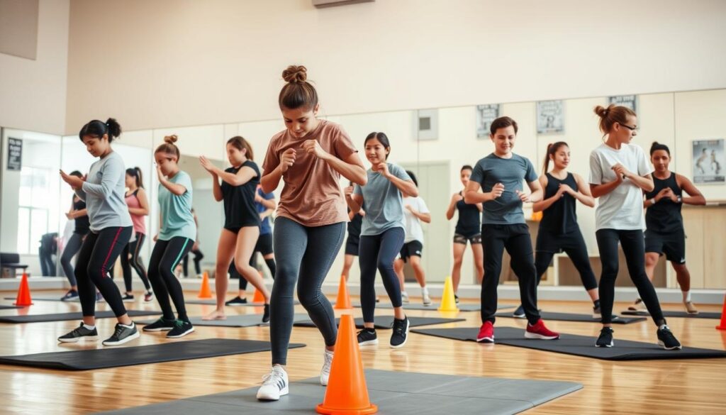 A dynamic sports training environment featuring young athletes engaged in "prehab circuits" focusing on hips, core, rotator cuff, and feet. In the foreground, a diverse group of youth wearing modest athletic attire performs various exercises, such as hip mobility drills, core strengthening maneuvers, shoulder stability work, and foot coordination tasks. In the middle ground, exercise mats and colorful cones are scattered across a well-lit gym setting, emphasizing an active atmosphere. The background shows a large mirror reflecting the athletes, with motivational posters on the walls. Soft, natural lighting enhances the scene while capturing a sense of focus and determination. The angle is slightly low, creating an empowering perspective of the athletes at work, conveying the importance of injury prevention in youth sports. A dynamic sports training environment featuring young athletes engaged in "prehab circuits" focusing on hips, core, rotator cuff, and feet. In the foreground, a diverse group of youth wearing modest athletic attire performs various exercises, such as hip mobility drills, core strengthening maneuvers, shoulder stability work, and foot coordination tasks. In the middle ground, exercise mats and colorful cones are scattered across a well-lit gym setting, emphasizing an active atmosphere. The background shows a large mirror reflecting the athletes, with motivational posters on the walls. Soft, natural lighting enhances the scene while capturing a sense of focus and determination. The angle is slightly low, creating an empowering perspective of the athletes at work, conveying the importance of injury prevention in youth sports.