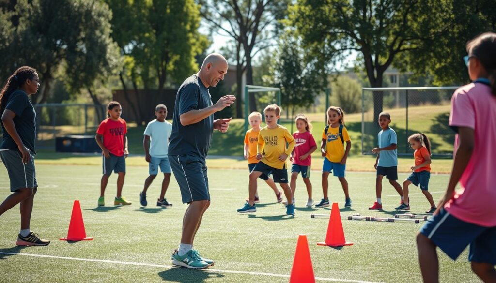 A dynamic training scene depicting local coaches guiding a diverse group of young athletes engaged in sport-specific skill progression drills. In the foreground, a coach demonstrates a specific technique, wearing modest athletic gear, while attentive athletes practice their skills around him. The middle ground features cones and agility ladders, representing various training tools. In the background, a sunlit outdoor sports field with scattered trees sets an inviting atmosphere, highlighting the teamwork and determination of community athletes. Natural lighting filters through the trees, creating a warm, motivational environment. The composition should be captured from a slightly elevated angle, showcasing the energy and focus of the training session, emphasizing camaraderie and skill building. A dynamic training scene depicting local coaches guiding a diverse group of young athletes engaged in sport-specific skill progression drills. In the foreground, a coach demonstrates a specific technique, wearing modest athletic gear, while attentive athletes practice their skills around him. The middle ground features cones and agility ladders, representing various training tools. In the background, a sunlit outdoor sports field with scattered trees sets an inviting atmosphere, highlighting the teamwork and determination of community athletes. Natural lighting filters through the trees, creating a warm, motivational environment. The composition should be captured from a slightly elevated angle, showcasing the energy and focus of the training session, emphasizing camaraderie and skill building.