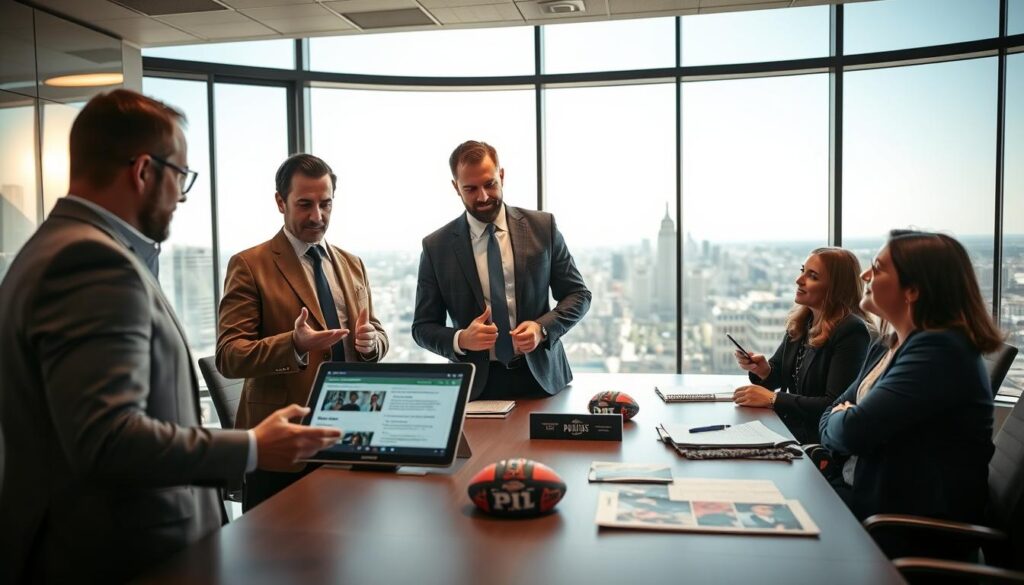 A professional business meeting in a modern office space. In the foreground, a diverse group of individuals in professional attire—two men and a woman—are engaged in a dynamic discussion, analyzing sports sponsorship packages displayed on a large tablet. One man is gesturing towards the screen, emphasizing key points, while the woman takes notes attentively. In the middle ground, a large window shows a panoramic view of a city skyline, with natural light flooding the room, creating a bright and optimistic atmosphere. The background features a sleek conference table with marketing materials and sports memorabilia subtly placed, conveying the connection between local business sponsorships and sports events. The camera angle is slightly elevated, capturing the interaction while focusing on the details of the packages being discussed. A professional business meeting in a modern office space. In the foreground, a diverse group of individuals in professional attire—two men and a woman—are engaged in a dynamic discussion, analyzing sports sponsorship packages displayed on a large tablet. One man is gesturing towards the screen, emphasizing key points, while the woman takes notes attentively. In the middle ground, a large window shows a panoramic view of a city skyline, with natural light flooding the room, creating a bright and optimistic atmosphere. The background features a sleek conference table with marketing materials and sports memorabilia subtly placed, conveying the connection between local business sponsorships and sports events. The camera angle is slightly elevated, capturing the interaction while focusing on the details of the packages being discussed.
