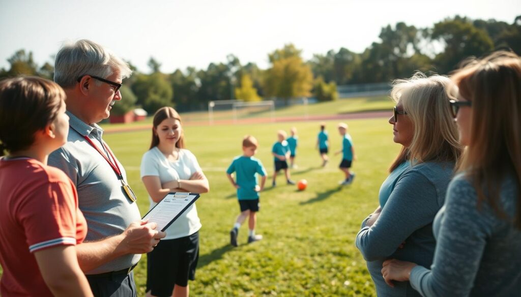 A serene and focused youth sports environment, foreground featuring a coach and several parents engaged in a collaborative discussion about injury prevention strategies. The coach, wearing a sports polo and whistle, gestures towards a clipboard with safety tips, while parents, dressed in casual and modest clothing, attentively listen and take notes. In the middle, young athletes practice some basic drills on a grassy field, demonstrating proper techniques. The background shows a sunny day with trees and a sports field, adding a calm and positive atmosphere. The lighting is warm and inviting, captured from a slightly elevated angle for a comprehensive view. The mood is supportive and proactive, reflecting a strong partnership between parents and coaches in ensuring the safety and well-being of children in sports. A serene and focused youth sports environment, foreground featuring a coach and several parents engaged in a collaborative discussion about injury prevention strategies. The coach, wearing a sports polo and whistle, gestures towards a clipboard with safety tips, while parents, dressed in casual and modest clothing, attentively listen and take notes. In the middle, young athletes practice some basic drills on a grassy field, demonstrating proper techniques. The background shows a sunny day with trees and a sports field, adding a calm and positive atmosphere. The lighting is warm and inviting, captured from a slightly elevated angle for a comprehensive view. The mood is supportive and proactive, reflecting a strong partnership between parents and coaches in ensuring the safety and well-being of children in sports.
