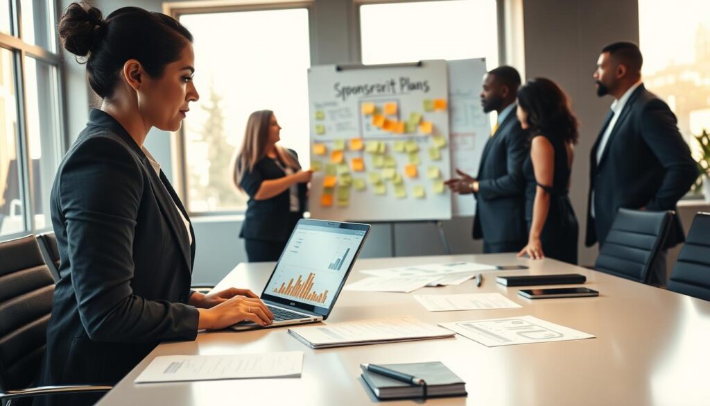 A well-organized office space showcasing a group of diverse professionals collaborating on crafting a sponsorship proposal. In the foreground, a confident woman in business attire is reviewing documents at a sleek conference table, surrounded by notepads and a laptop open with graphs displayed. In the middle ground, a diverse team of three individuals are brainstorming ideas, gesturing enthusiastically with sticky notes on a whiteboard filled with plans and strategies. The background features large windows letting in warm natural light, creating an inviting atmosphere. The overall scene conveys a mood of teamwork and innovation, emphasizing the importance of clear communication and collaboration in creating impactful sponsorship proposals. The focus is on professional attire, ensuring a corporate, serious tone. A well-organized office space showcasing a group of diverse professionals collaborating on crafting a sponsorship proposal. In the foreground, a confident woman in business attire is reviewing documents at a sleek conference table, surrounded by notepads and a laptop open with graphs displayed. In the middle ground, a diverse team of three individuals are brainstorming ideas, gesturing enthusiastically with sticky notes on a whiteboard filled with plans and strategies. The background features large windows letting in warm natural light, creating an inviting atmosphere. The overall scene conveys a mood of teamwork and innovation, emphasizing the importance of clear communication and collaboration in creating impactful sponsorship proposals. The focus is on professional attire, ensuring a corporate, serious tone.