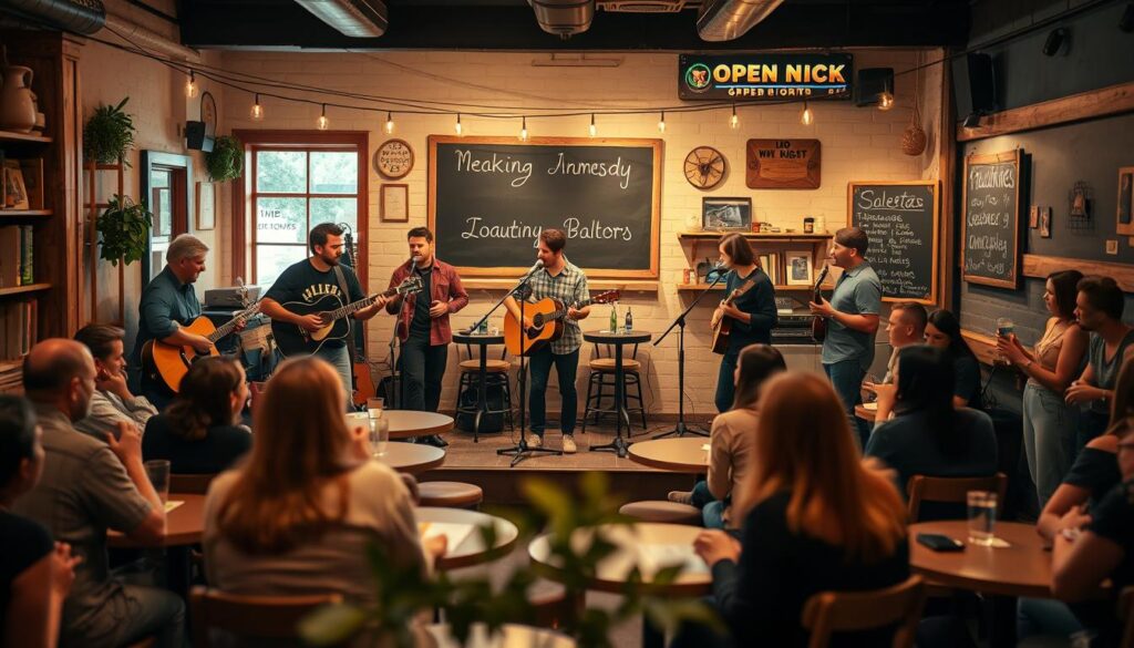 A cozy open mic night setting in an intimate cafe, with warm, soft lighting that creates a welcoming atmosphere. In the foreground, a diverse group of musicians is performing on a small stage, wearing casual yet stylish clothing. They exude passion and energy, engaging with a captivated audience. In the middle ground, small round tables are occupied by attentive listeners, some holding drinks and others jotting down notes or clapping softly. The background features rustic decor, string lights, and a chalkboard menu, enhancing the artistic vibe of the venue. The scene captures an inspiring moment of creativity and community, showcasing the early stages of indie musicians connecting with their fans in a nurturing environment. The image should be shot with a slightly blurred foreground for depth, and natural, warm tones to evoke a sense of comfort and discovery.